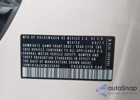 2012 Volkswagen Jetta 2.0L S z USA, uszkodzony, nr VIN 3VW1K7AJ9CM333830